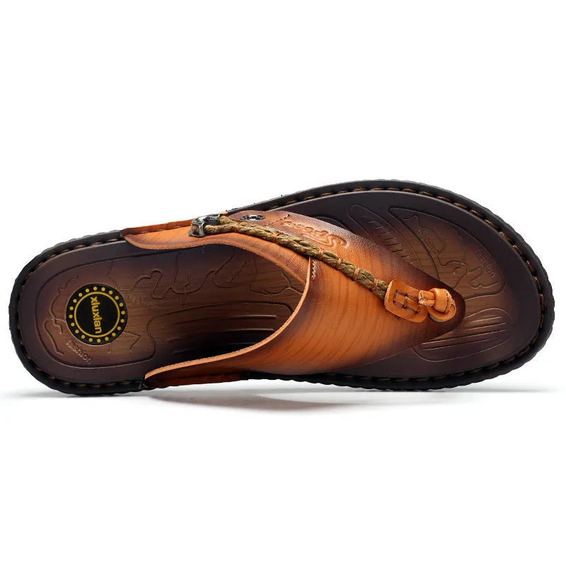 Men's dark blue plus size outdoor slippers with herringbone pattern and rubber sole