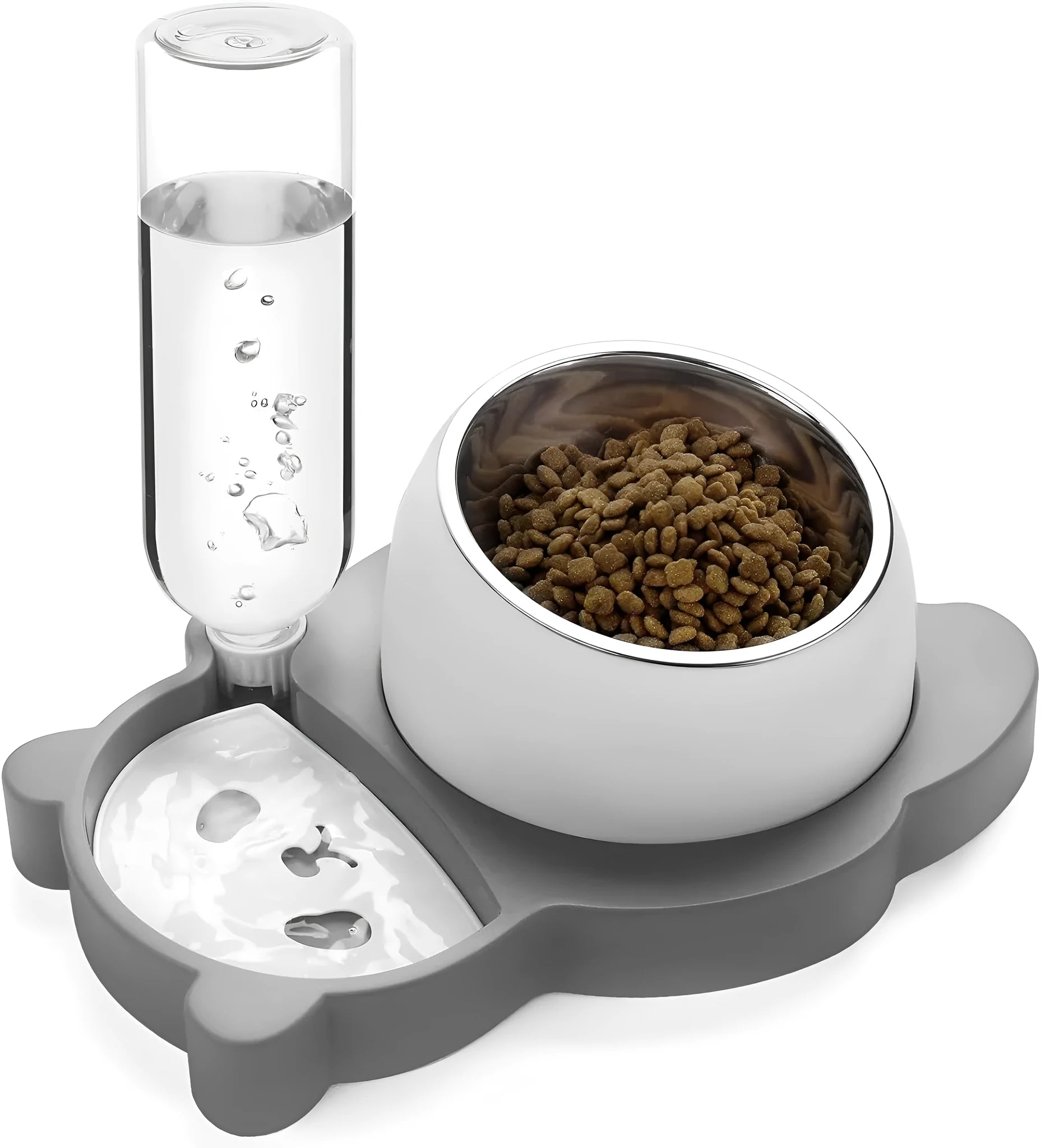 Grey panda-shaped elevated pet feeder with automatic water bottle and tilted food bowls