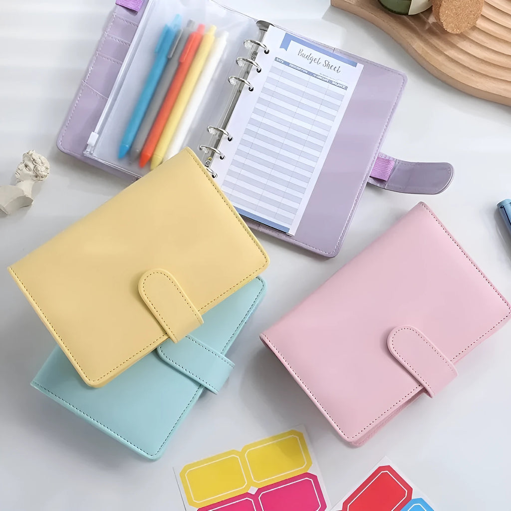A5 PU leather zipper notebook shell in multiple solid colours, showing closed and open views.