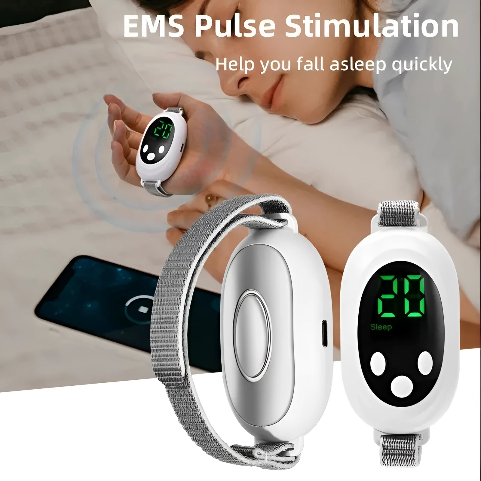 White USB rechargeable sleep aid device with wrist strap and handheld remote control
