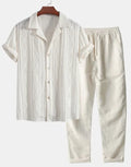 Linen polyester camouflage print shirt and trousers set in slim fit cardigan style