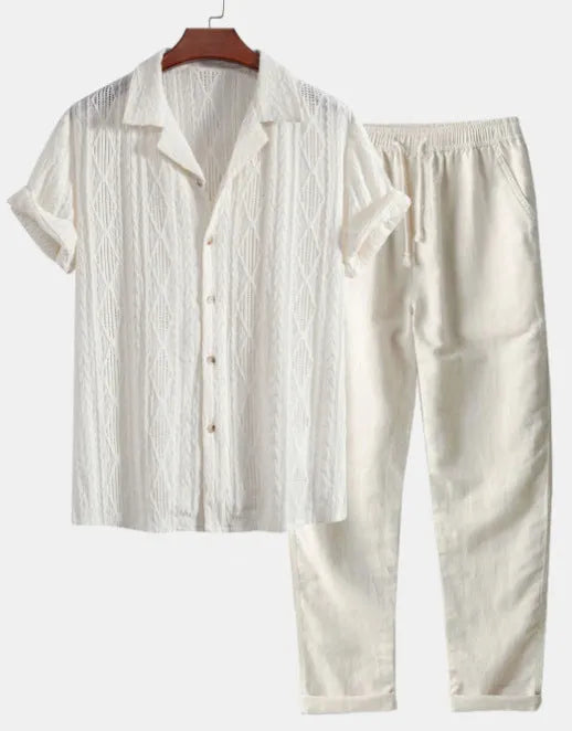 Linen polyester camouflage print shirt and trousers set in slim fit cardigan style