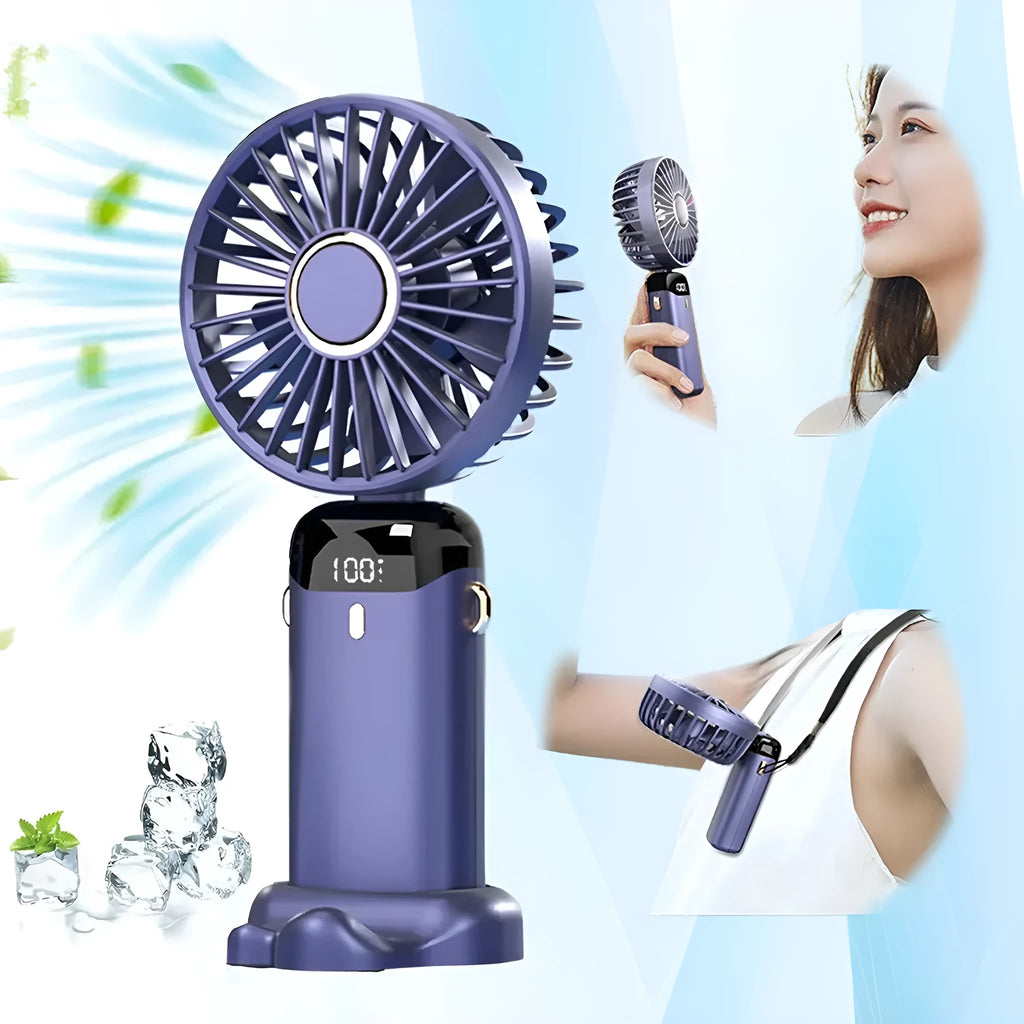 USB rechargeable mini handheld fan in white with foldable neck design and LED display