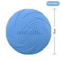 Soft rubber dog frisbee toy in red, blue, and green colours showing small, medium, and large sizes.