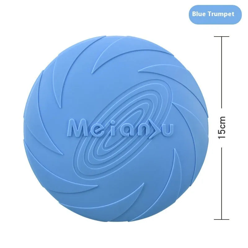 Soft rubber dog frisbee toy in red, blue, and green colours showing small, medium, and large sizes.