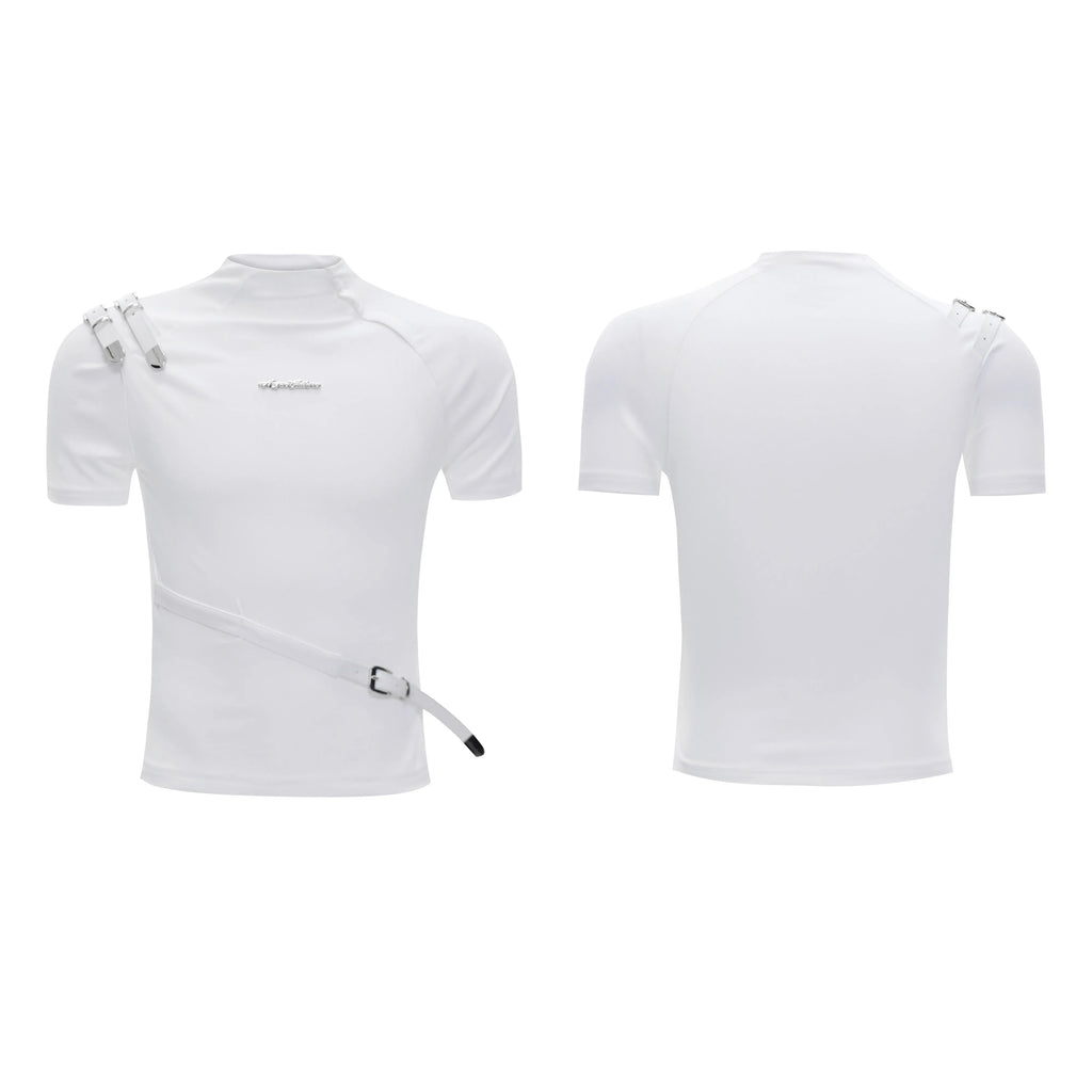 Men's slim fit cotton T-shirt with metal belt detail and stand-up collar in black and white options