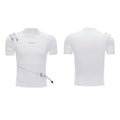 Men's slim fit cotton T-shirt with metal belt detail and stand-up collar in black and white options