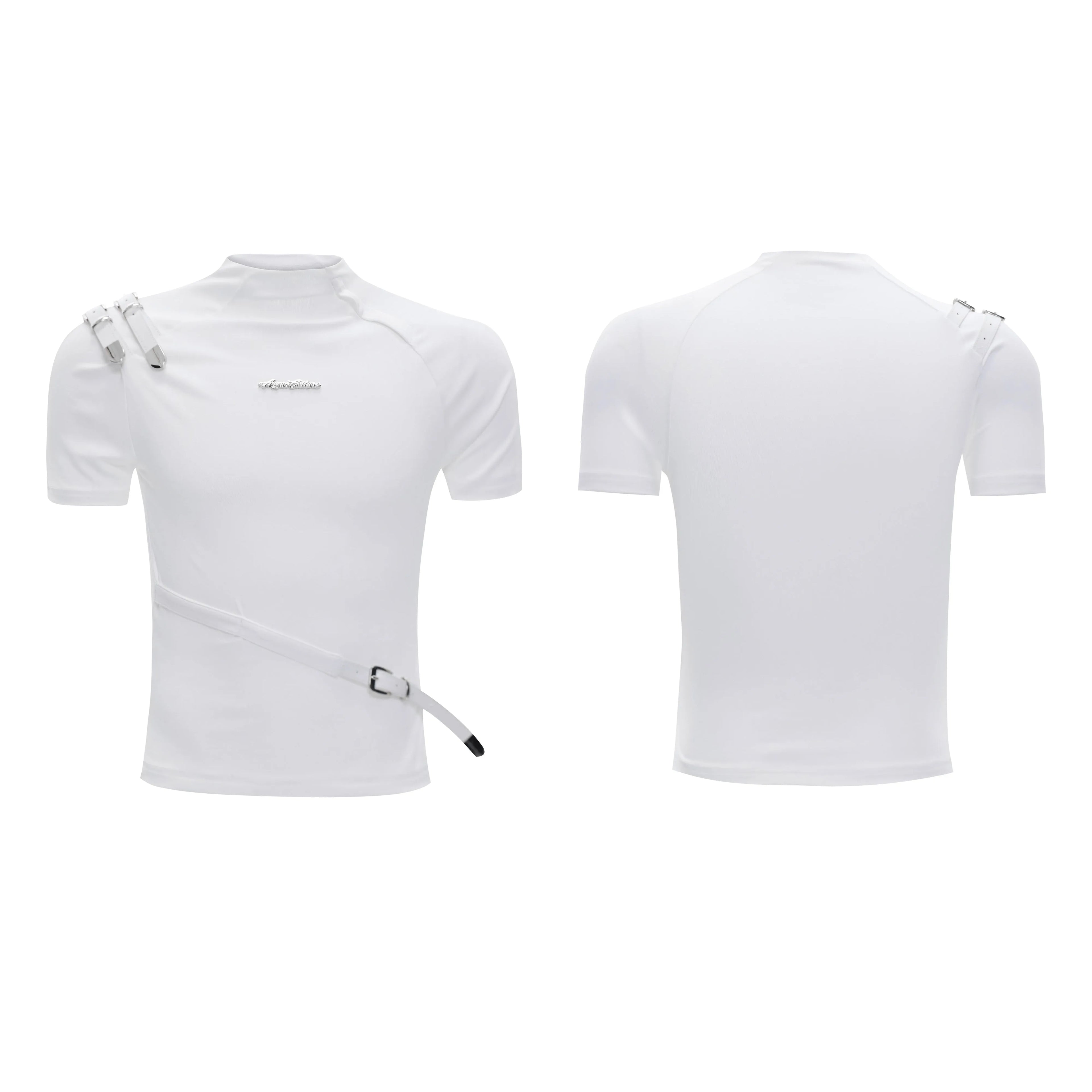 Men's slim fit cotton T-shirt with metal belt detail and stand-up collar in black and white options