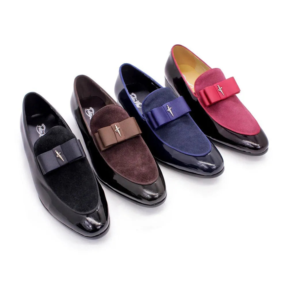 Men's low top formal shoes with glossy patent leather, matte cowhide, tassel detail and rubber sole in black, blue, brown or red.