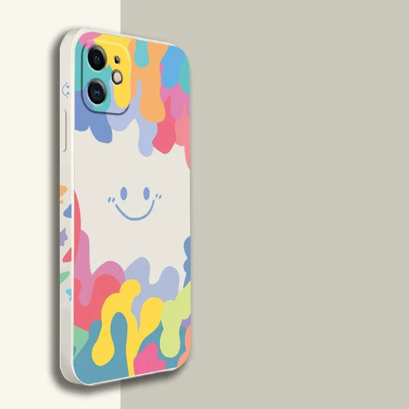 Rainbow smiley face design on white or black camouflage TPU iPhone case with attached carrying lanyard