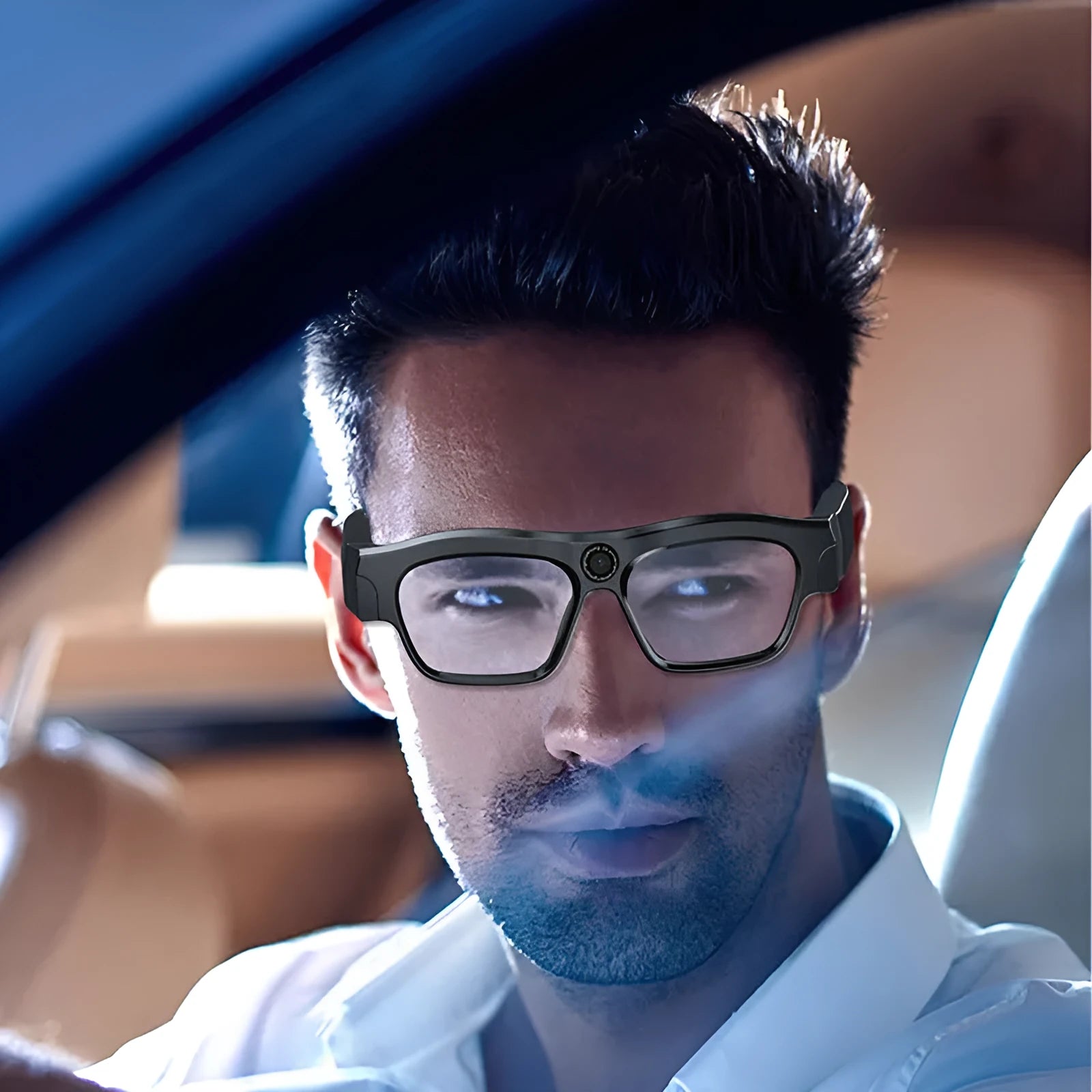 Black smart Bluetooth glasses with video recording capability and head-mounted design