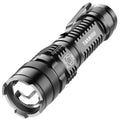 Small black aluminium alloy LED flashlight with telescopic zoom head and pocket clip.