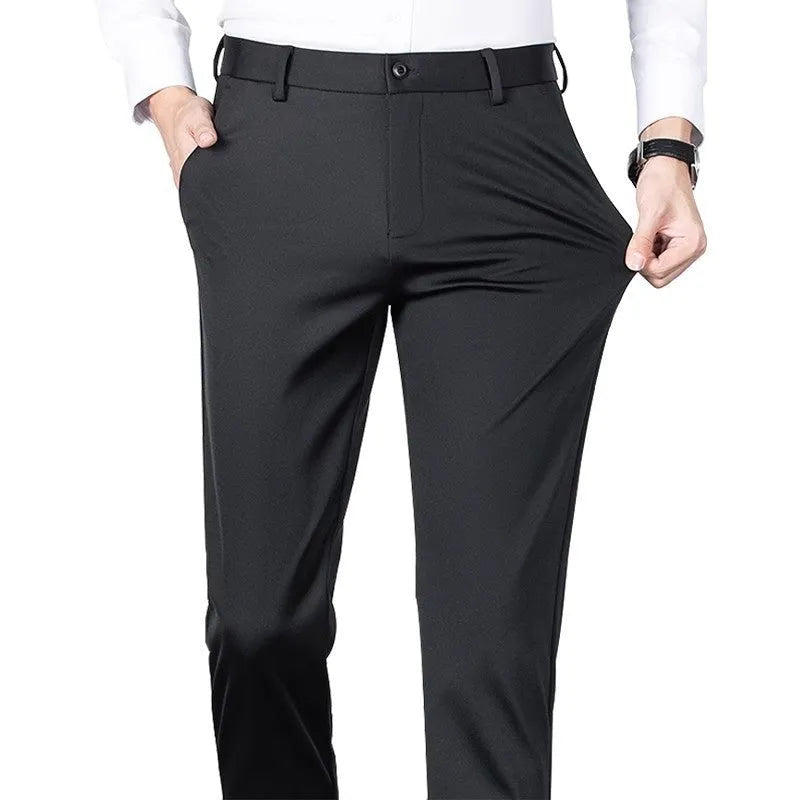 Men's black slim straight formal trousers made from polyester fibre with micro-elastic waistband, front view