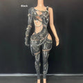 Women's cutout pearl chain jumpsuit in spandex with sequins, long sleeves, cropped skinny pants, black colour