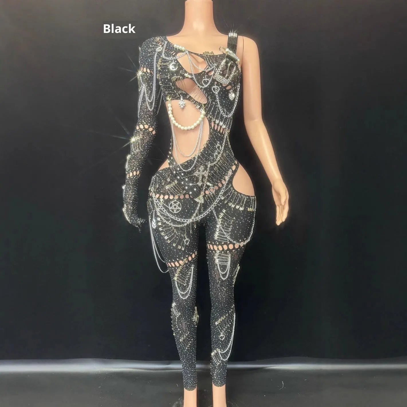 Women's cutout pearl chain jumpsuit in spandex with sequins, long sleeves, cropped skinny pants, black colour
