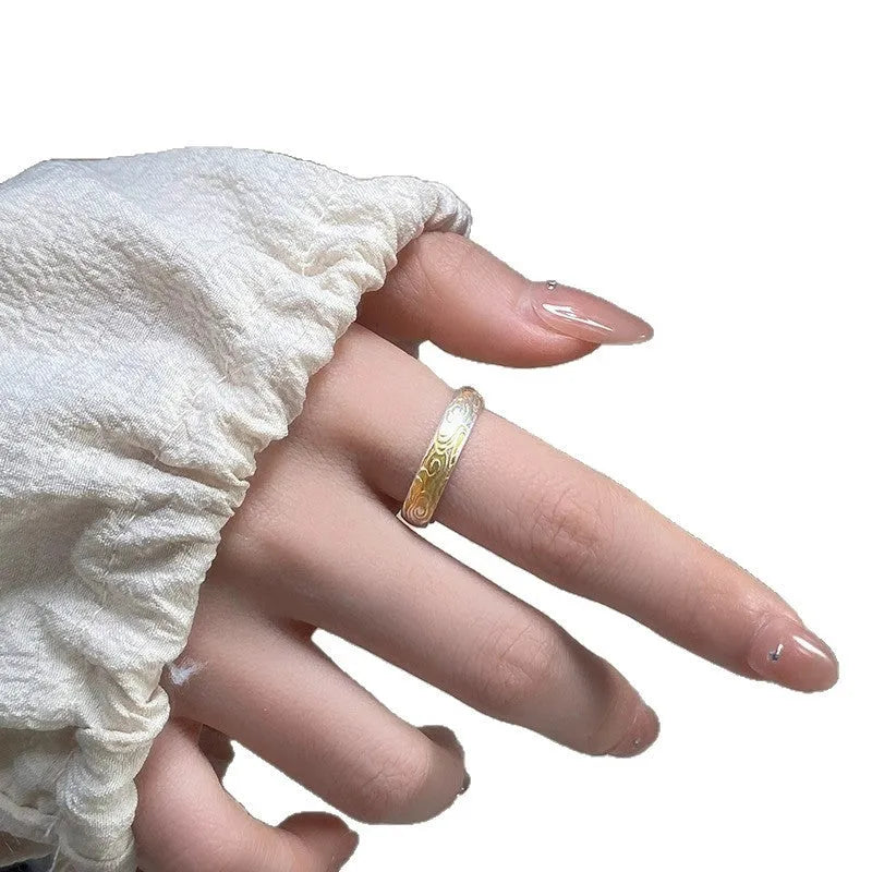 Open mouth adjustable ring with xiangyun pattern in gold electroplating on white copper