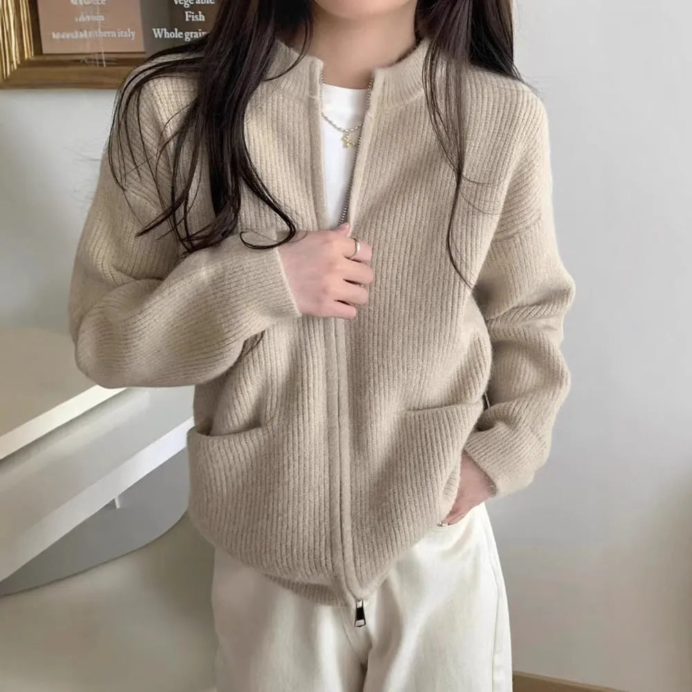 Women's beige viscose sweater coat with long sleeves and cardigan front