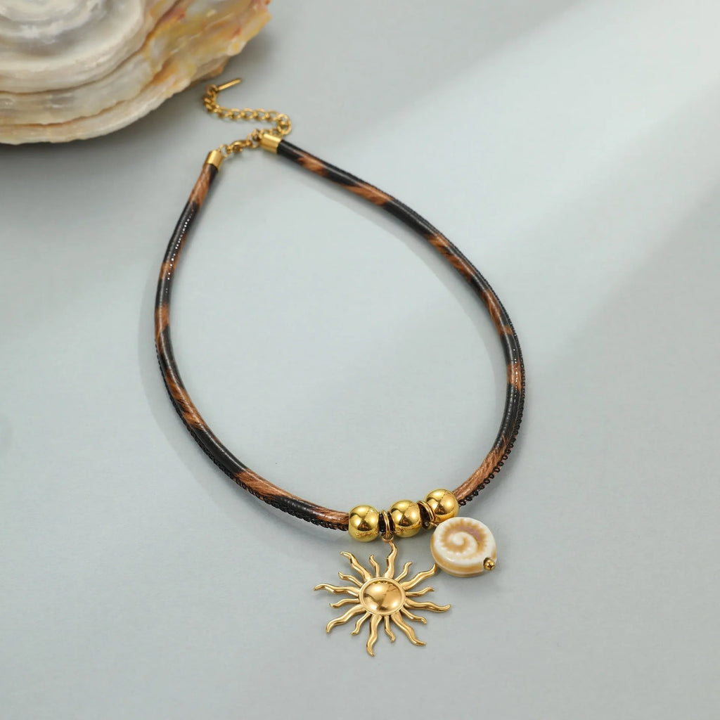 Geometric leopard stainless steel necklace with gold electroplated finish on adjustable 41-50cm chain