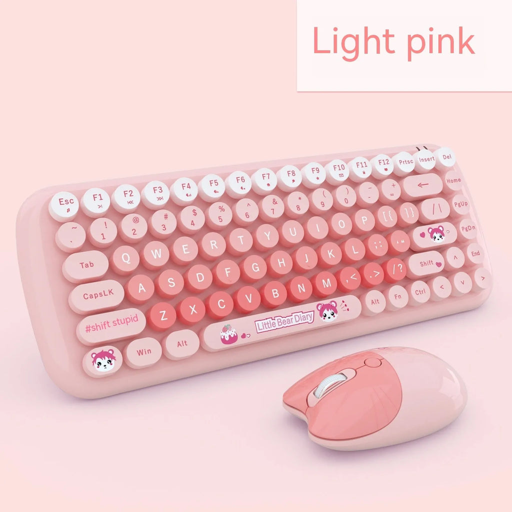 Pink cartoon wireless keyboard and mouse set with compact dimensions for notebook computers