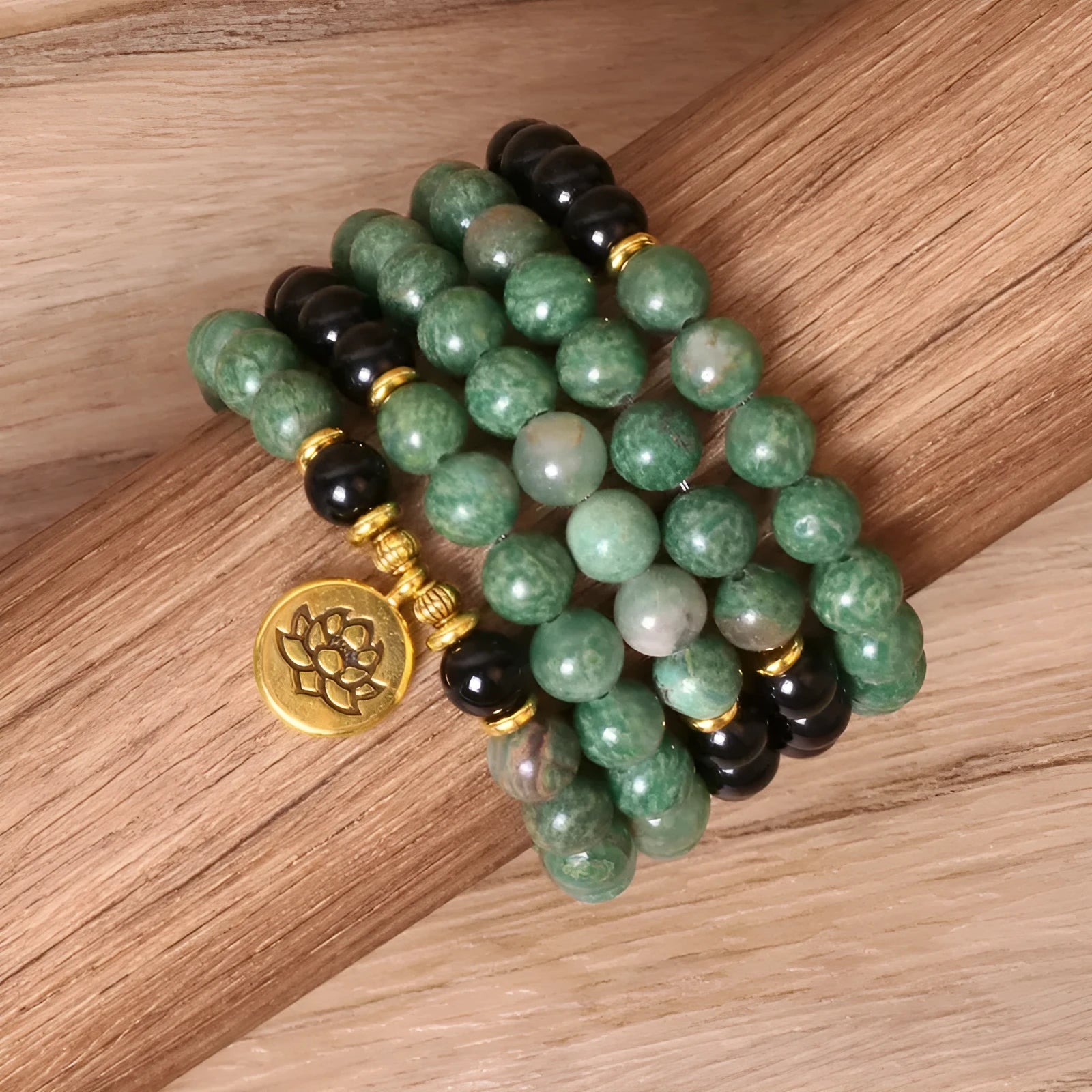 Green and black elastic beaded long bracelet with alloy beads on stretch band