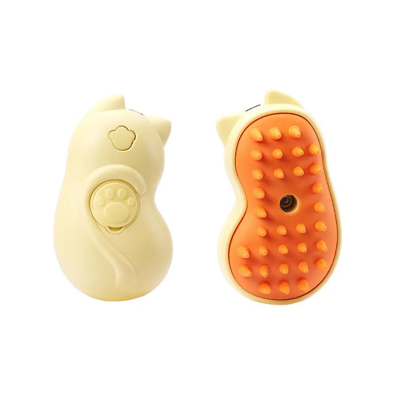 3-in-1 steam pet grooming brush with dog-shaped handle for cats and dogs on a white background.