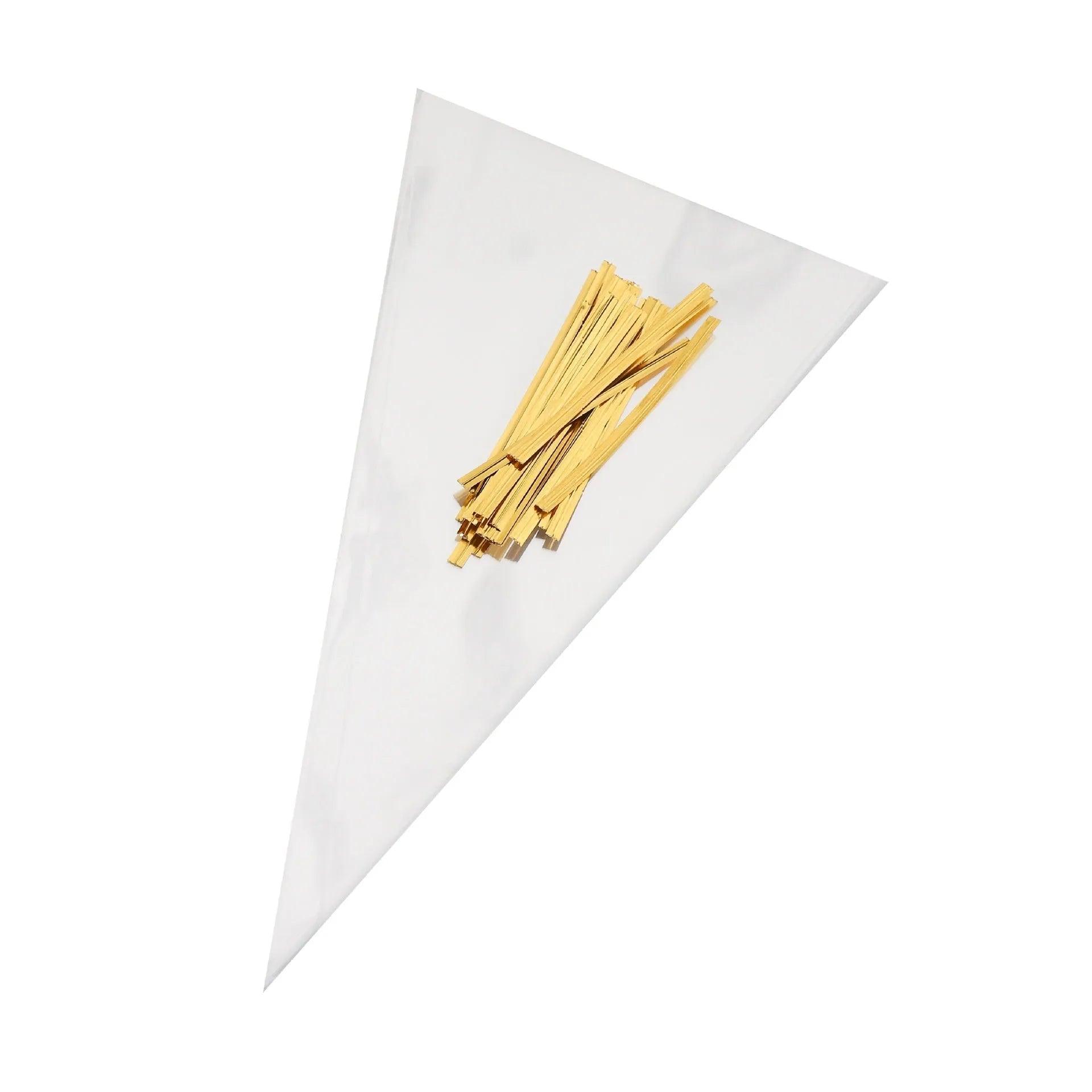 Clear triangle plastic packaging bag with integrated wire tie closure showing three size options