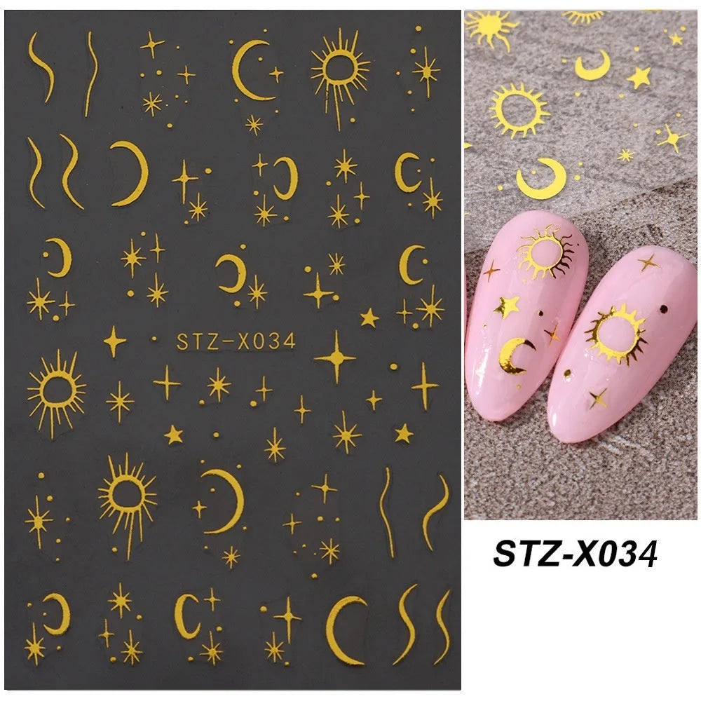 Set of 60 black and silver cartoon pattern nail strip stickers with plastic application patch.