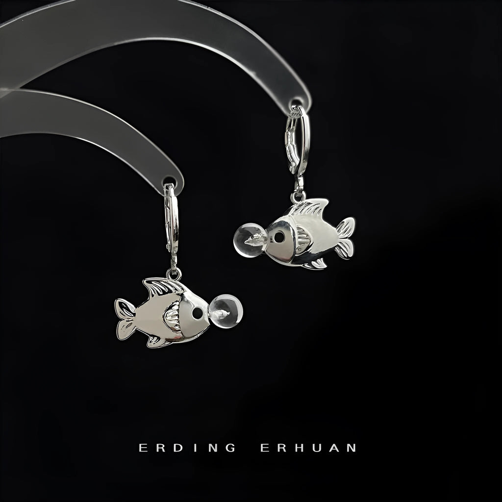 Fish earrings with bubble fish design and goldfish elements in electroplated copper