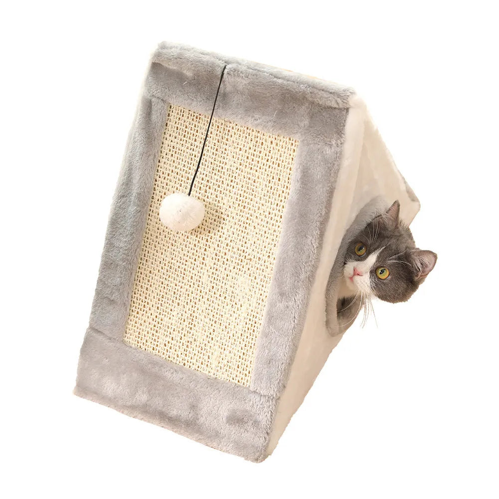 Grey and white triangular cat nest bed with a sisal scratching side for cats.