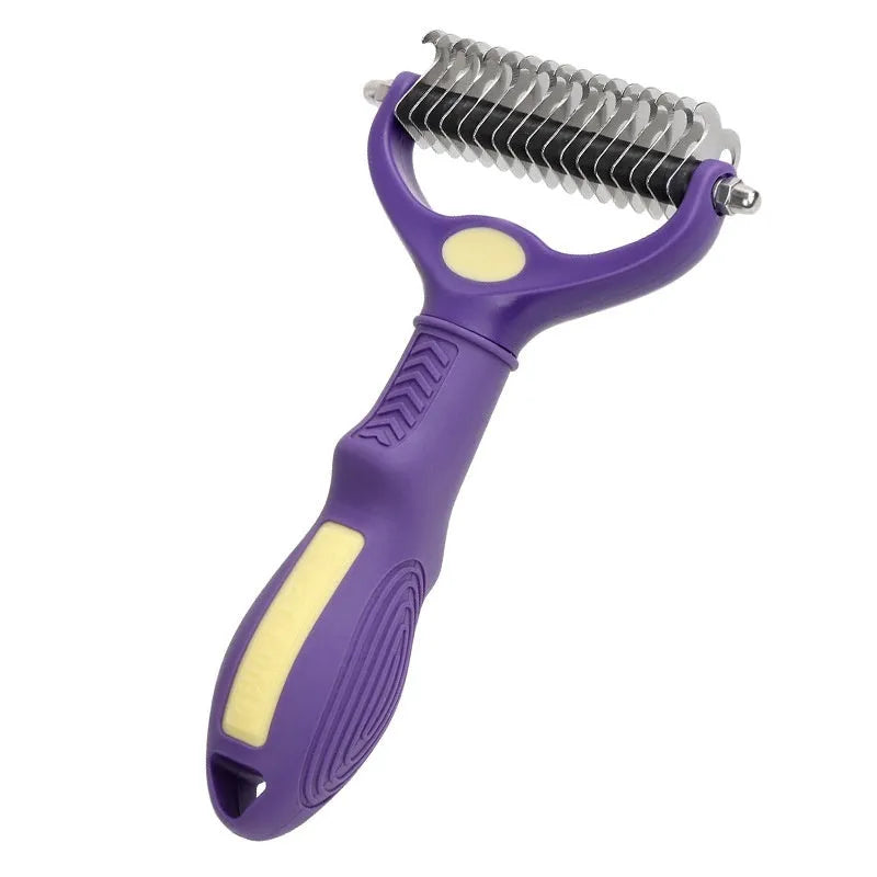 Purple double-sided plastic pet grooming comb for untying knots on cats and dogs