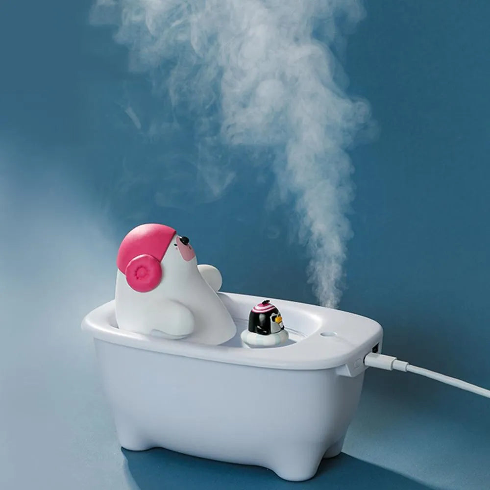 White USB air humidifier with 550ml water tank on a desk