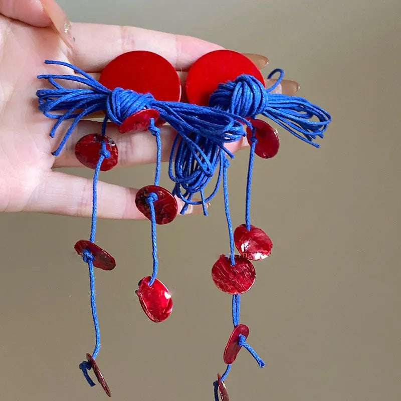 Handcrafted geometric women's earrings with cloth material and silver needle-blue resin flower elements