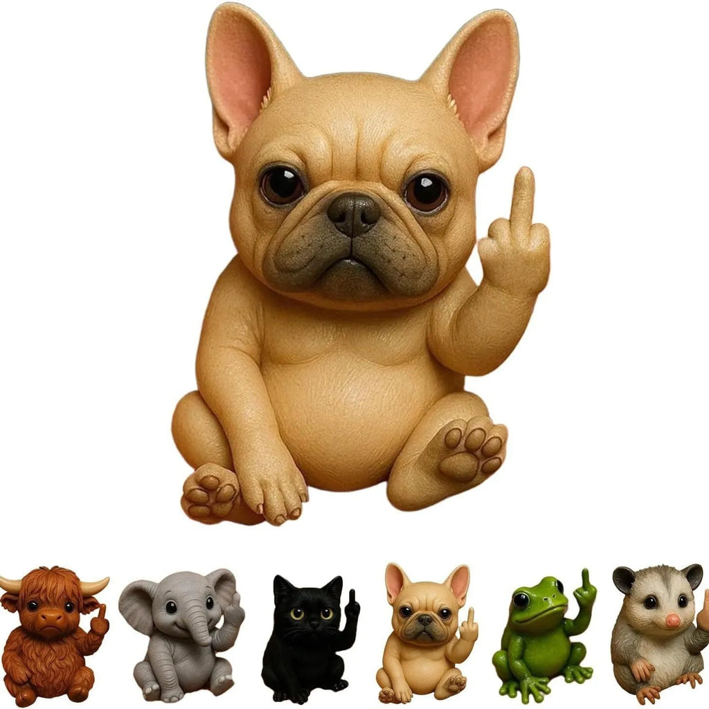 Resin animal middle finger ornament showing mini vertical doll in one of seven animal styles