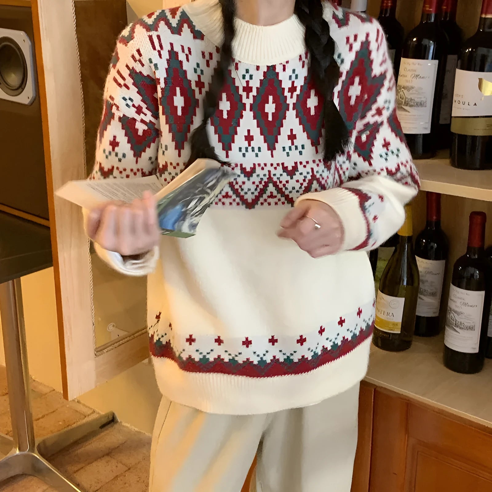 White and red striped loose fit retro knitted pullover top with long sleeves
