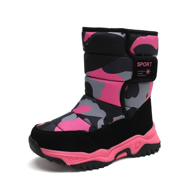 High-top camouflage unisex kids cotton shoes with hook and loop closure on a child