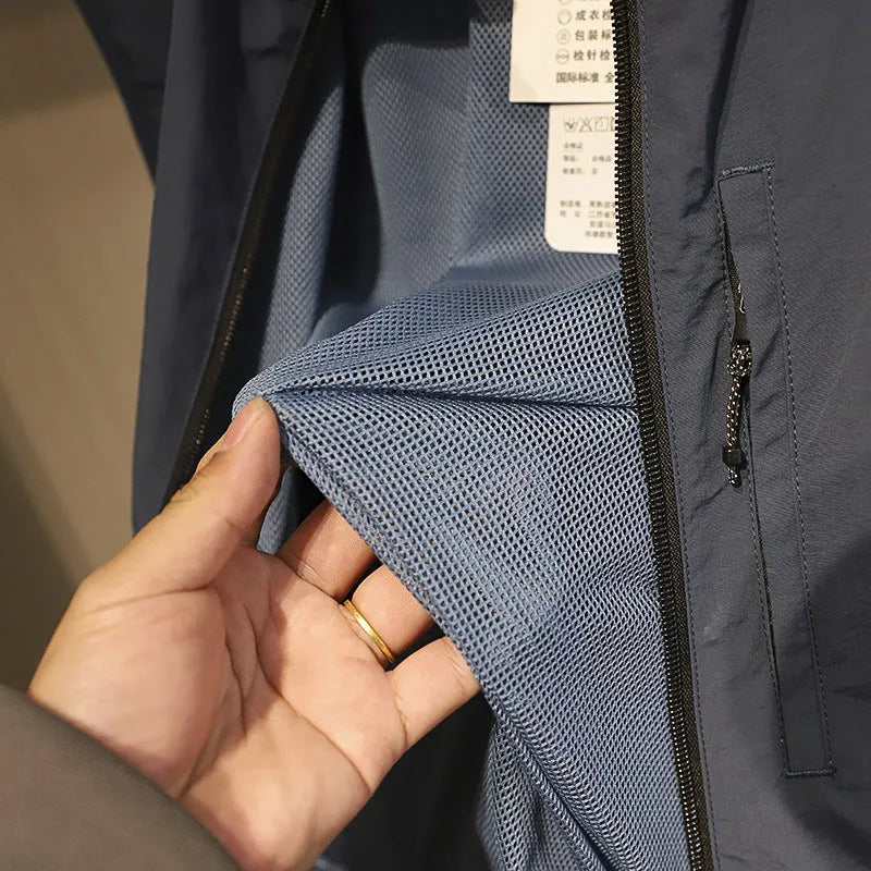 Men's black quick-drying retro bandage vest cardigan with side pocket, shown on a hanger.