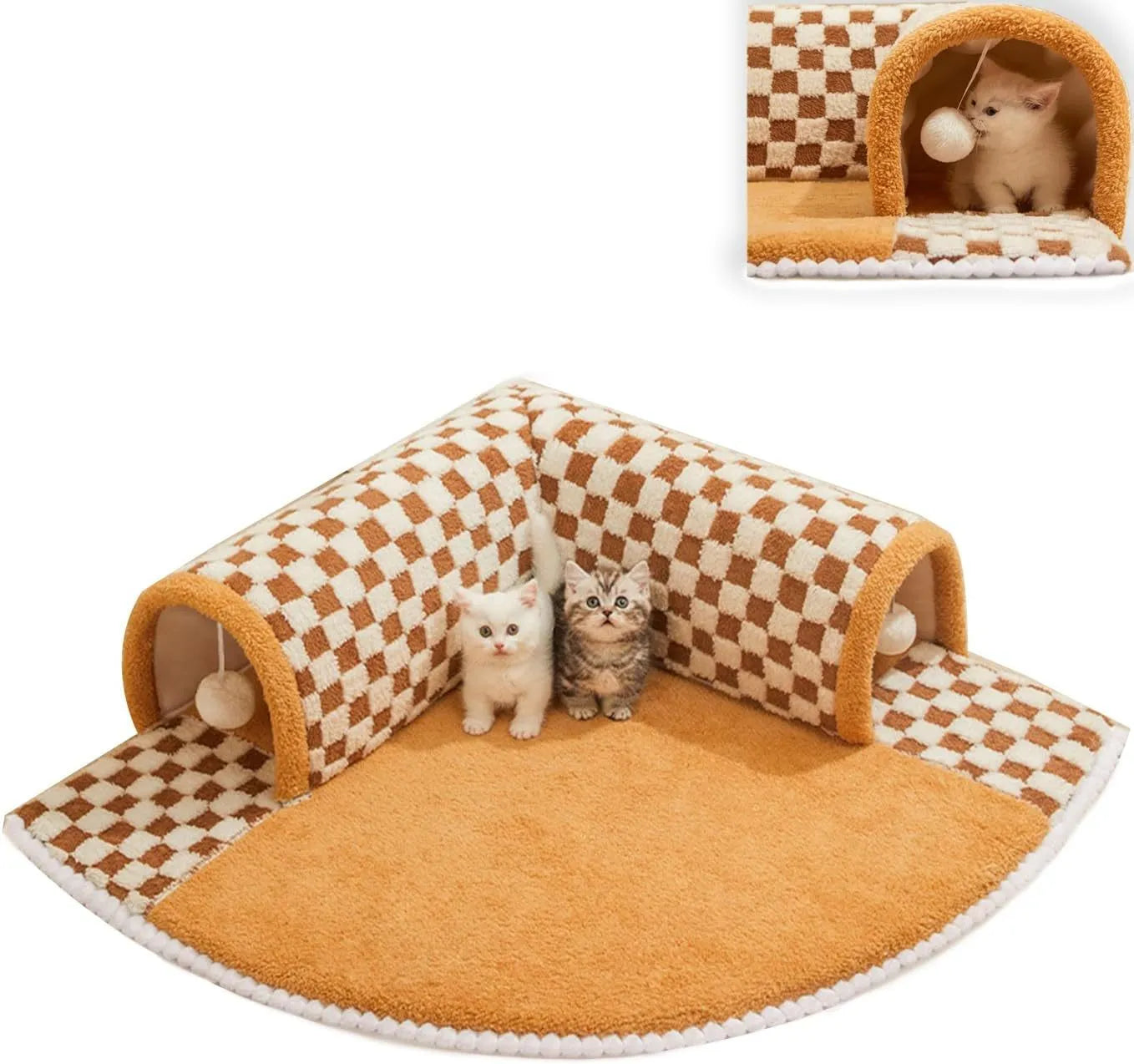 Brown plush plaid cat tunnel bed with central mat, shown in an XL size for indoor cats.