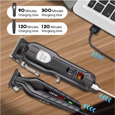 Black professional hair clipper and foil shaver set with USB cable and LED display.
