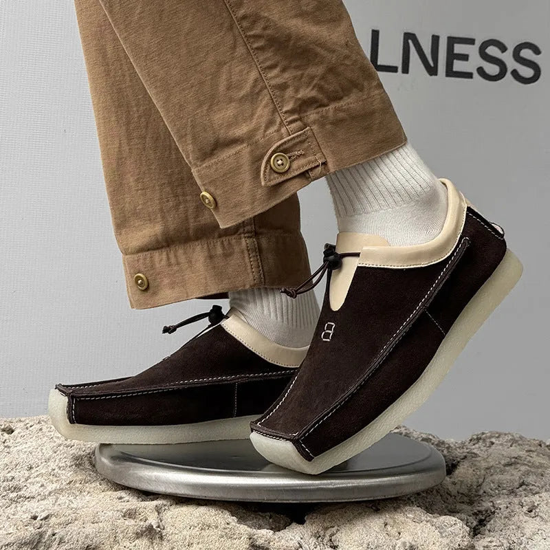 Casual plus size high-top loafers for men in beige suede leather with lace-up closure and rubber sole