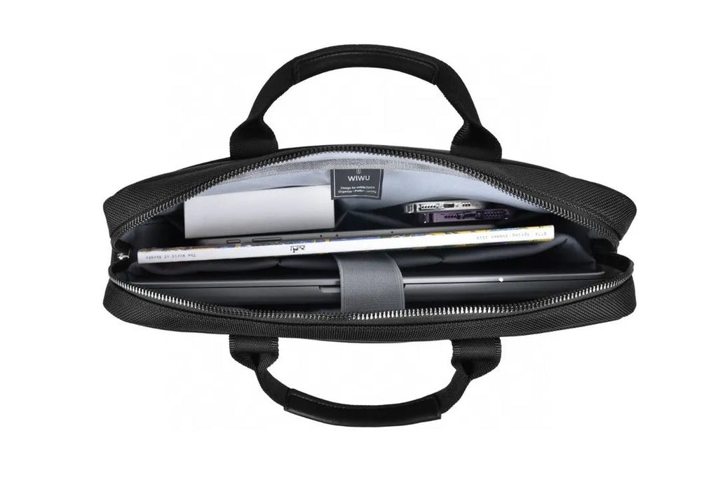 Black Oxford cloth computer organiser handbag with multiple pockets and security lock for 14" or 15.6" laptops