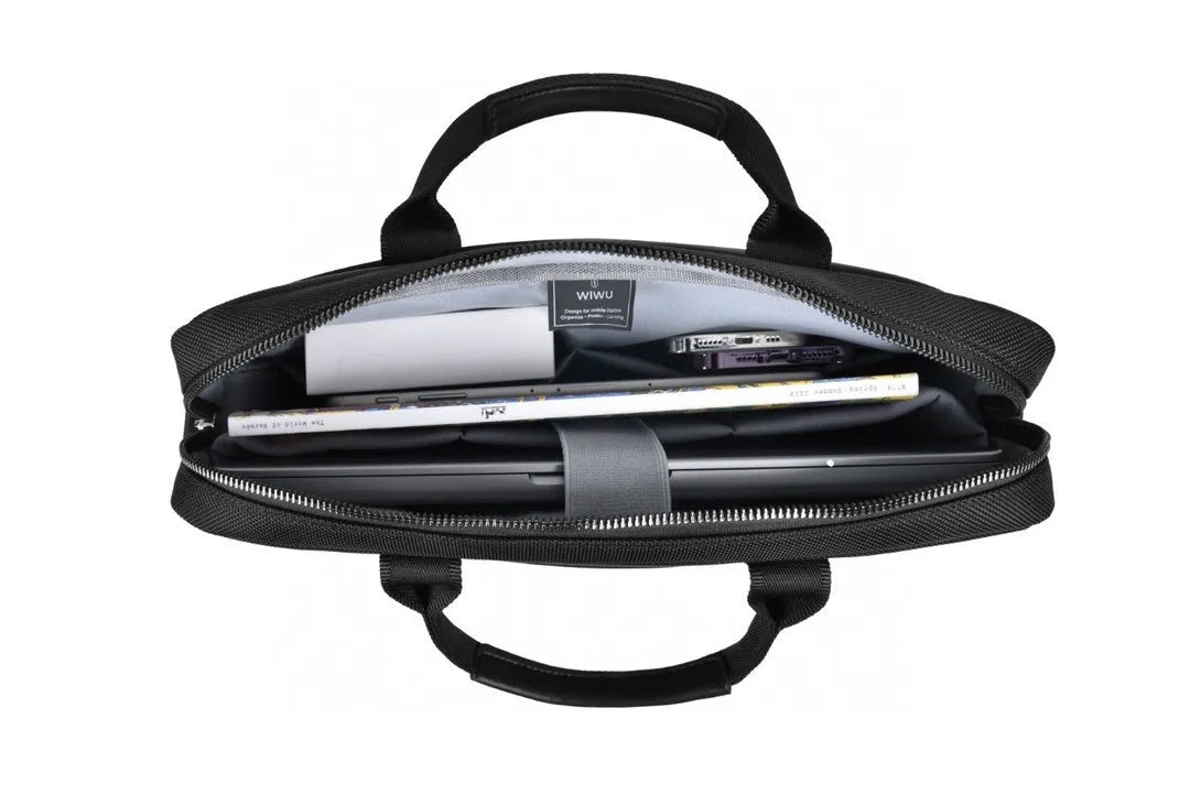 Black Oxford cloth computer organiser handbag with multiple pockets and security lock for 14" or 15.6" laptops