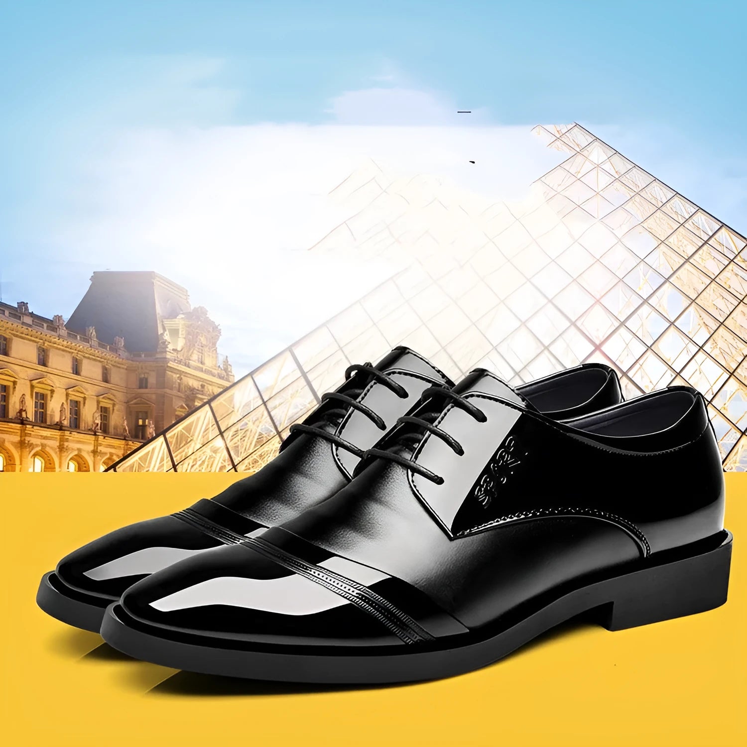 Men's casual Korean pointed leather shoes in black with stitching details and rubber sole