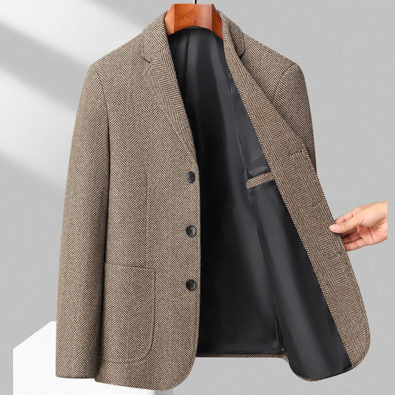 Men's loose fit woolen coat in solid colour for spring and autumn seasons