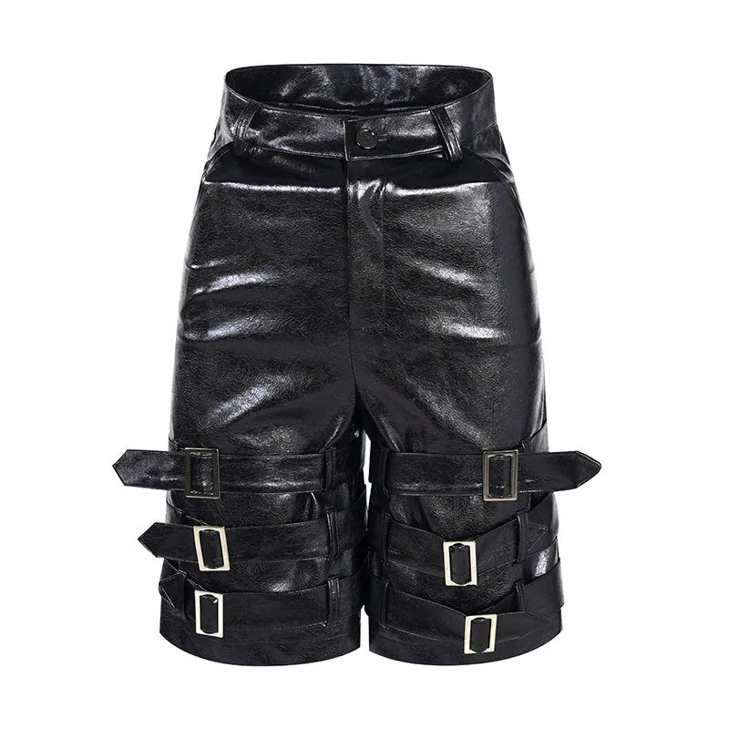 Men's black PU leather casual cropped shorts with an elasticated waistband.