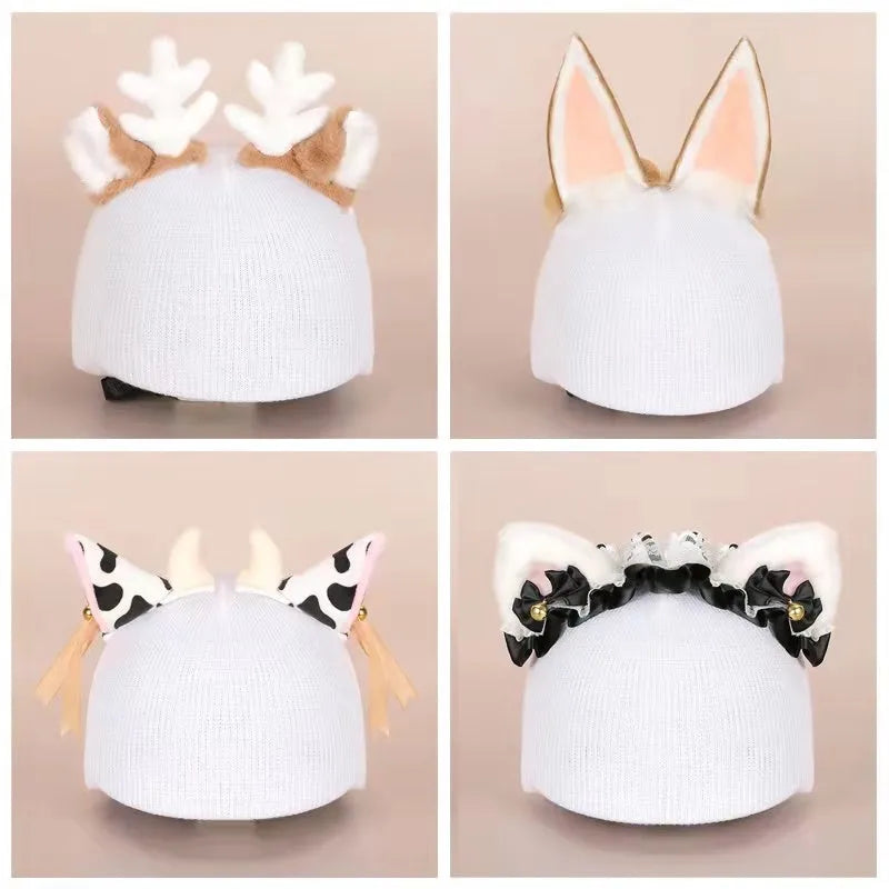 Cute cartoon plush fabric hat cover on a ski helmet for decoration.