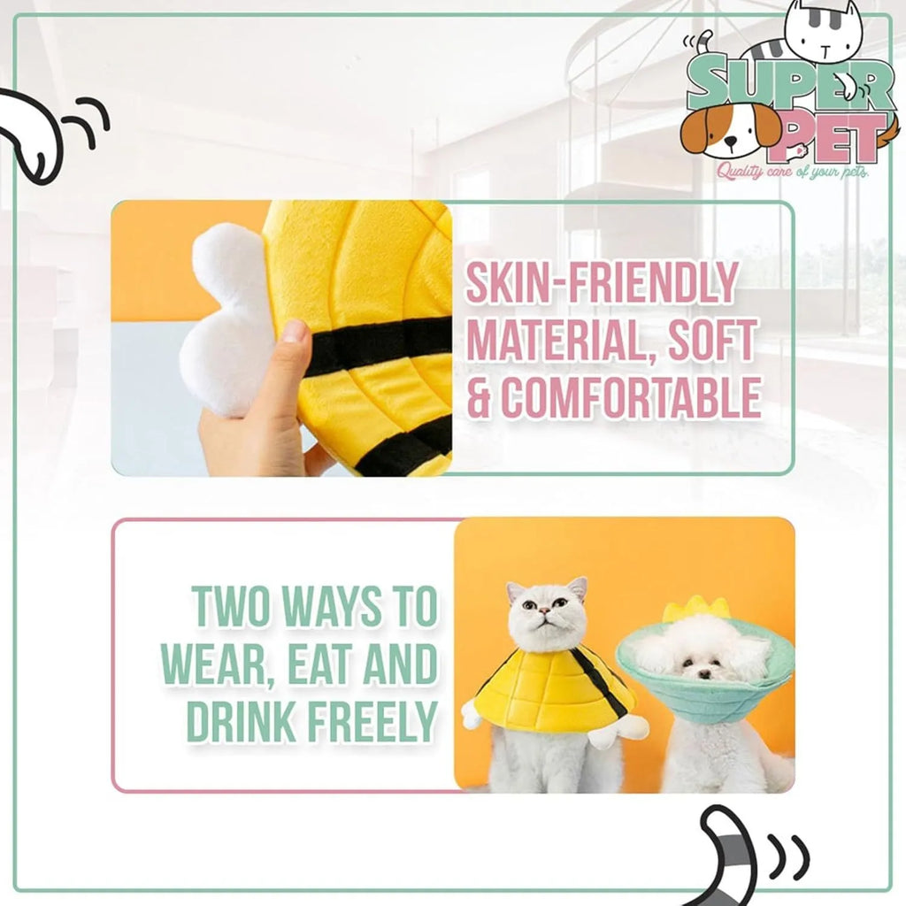 Soft fabric cat cone collar with bee design showing adjustable velcro closure