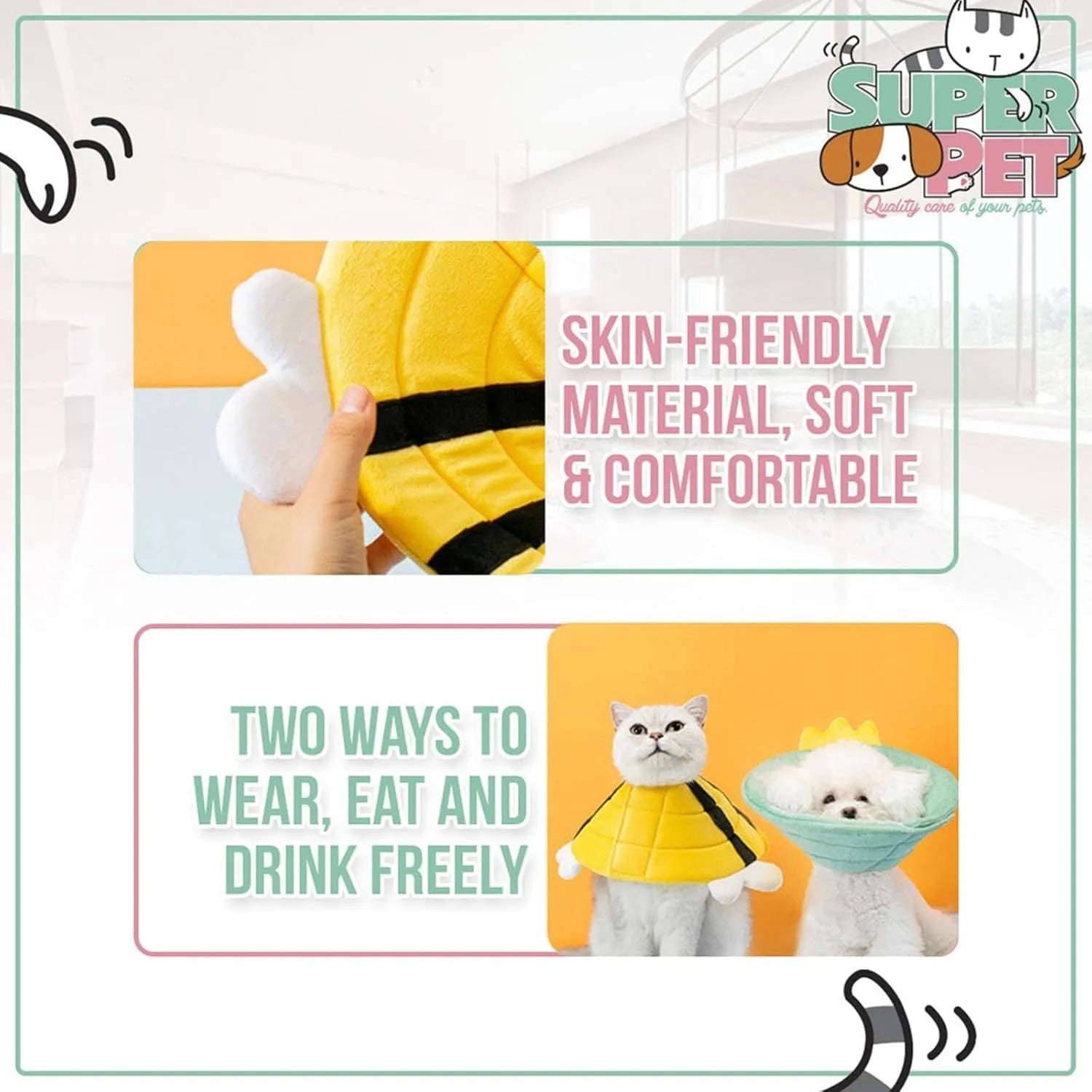 Soft fabric cat cone collar with bee design showing adjustable velcro closure