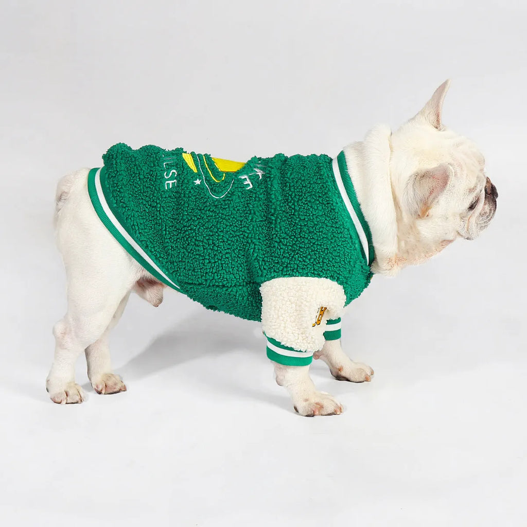Green fleece-lined cotton winter coat for a large dog on a white background.