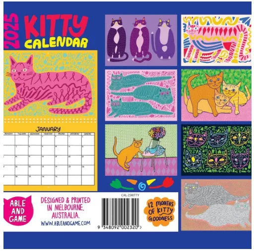 Cat themed wall calendar for 2024 or 2025, showing full year layout on paper.