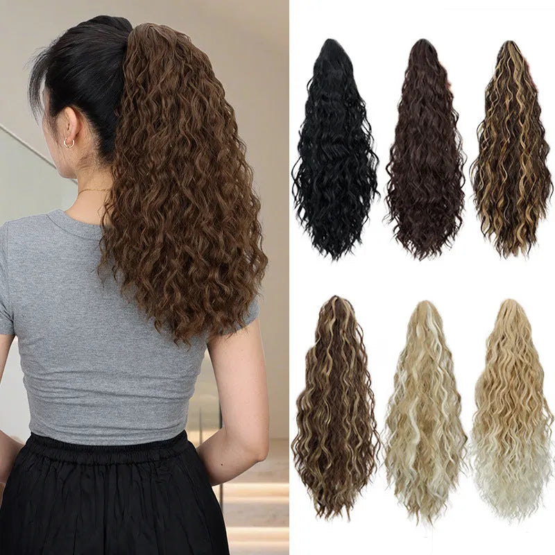 Water ripple grip ponytail corn curler synthetic wig with a clip, shown in a curly style.